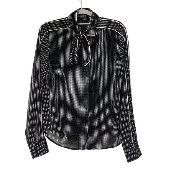 Womens Forever 21 Tie Neck Dot Blouse Size M Black Black EUC Long Sleeve 5075 - Picture 1 of 6
